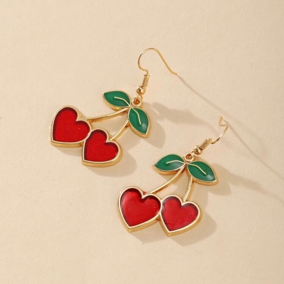 Red Glitter Cherry Heart Earrings - Picture 2 of 4